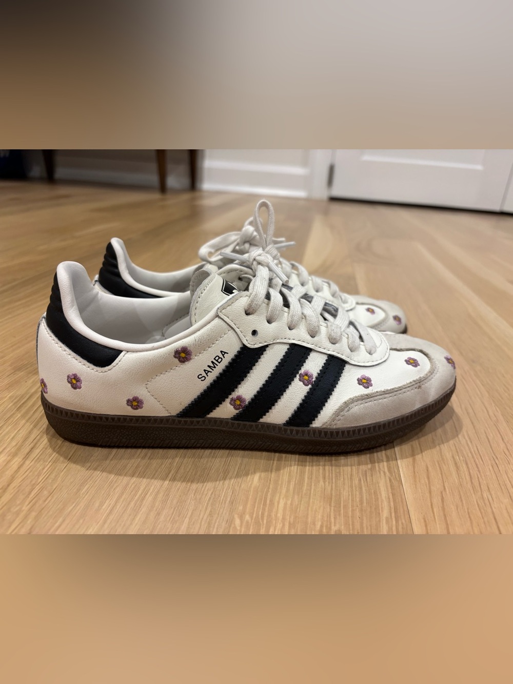adidas Samba White and Black Sneakers with Purple Daisy Accents